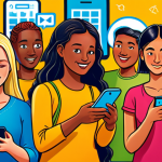 **Image Prompt:** A vibrant digital illustration showing diverse people using mobile apps on their phones, connecting to NGOs and community projects. The background includes icons representing charity, environmental conservation, and fair trade, emphasizing the positive impact of technology. Style: Colorful, optimistic, and modern.