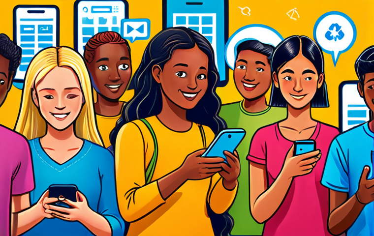 **Image Prompt:** A vibrant digital illustration showing diverse people using mobile apps on their phones, connecting to NGOs and community projects. The background includes icons representing charity, environmental conservation, and fair trade, emphasizing the positive impact of technology. Style: Colorful, optimistic, and modern.